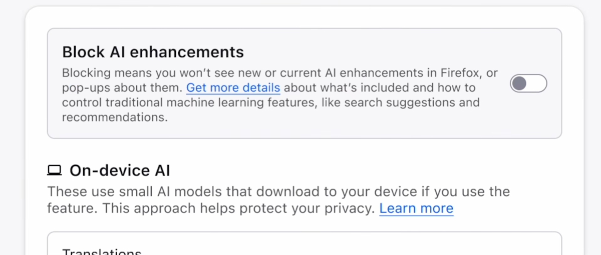 Firefox añadirá la opción de bloquear las funciones de IA